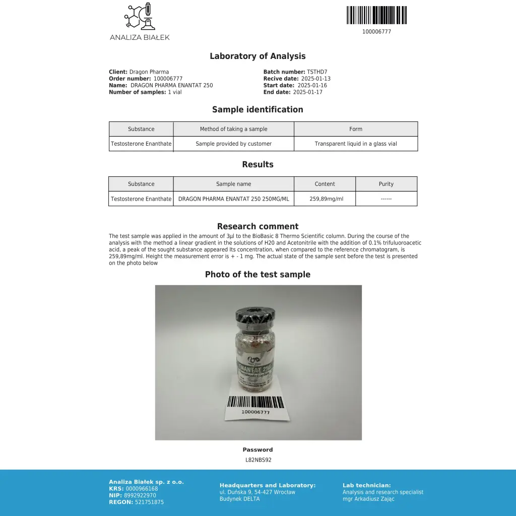 Enantat 250 - Testosterone Enanthate - Dragon Pharma, Europe