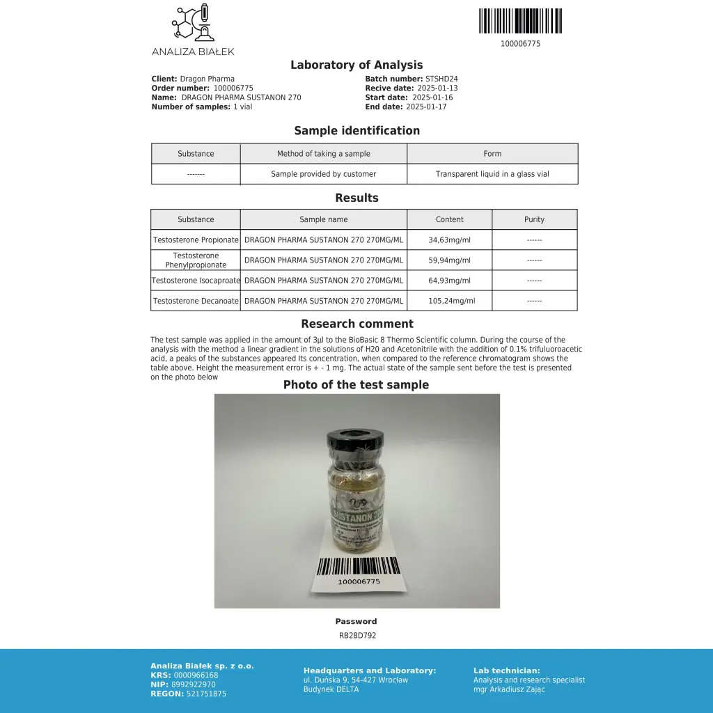 Sustanon 270 - Testosterone Acetate,Testosterone Propionate,Testosterone PhenylPropionate,Testosterone Isocaproate,Testosterone Decanoate - Dragon Pharma, Europe