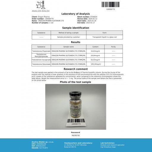 Sustanon 270 - Testosterone Acetate,Testosterone Propionate,Testosterone PhenylPropionate,Testosterone Isocaproate,Testosterone Decanoate - Dragon Pharma, Europe