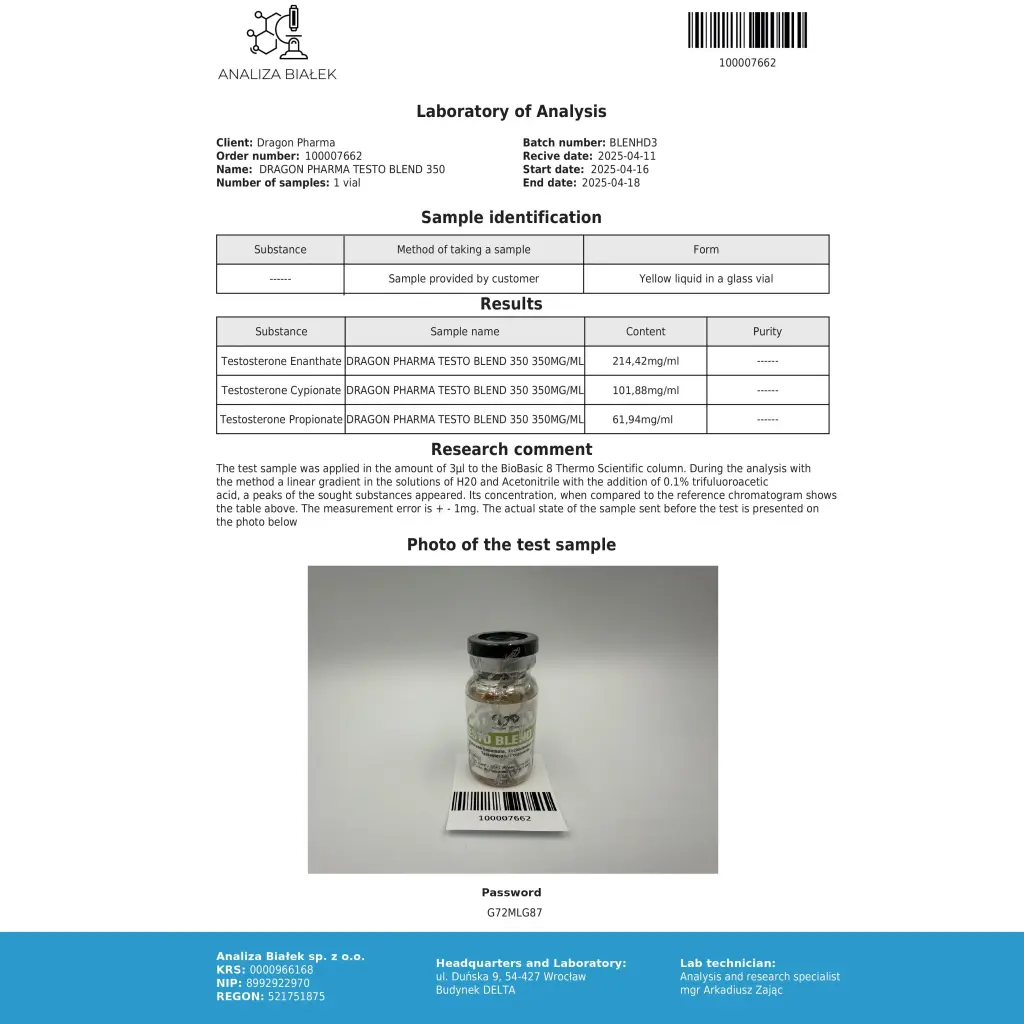 Testo Blend 350 - Testosterone Enanthate,Testosterone Cypionate,Testosterone Propionate - Dragon Pharma, Europe
