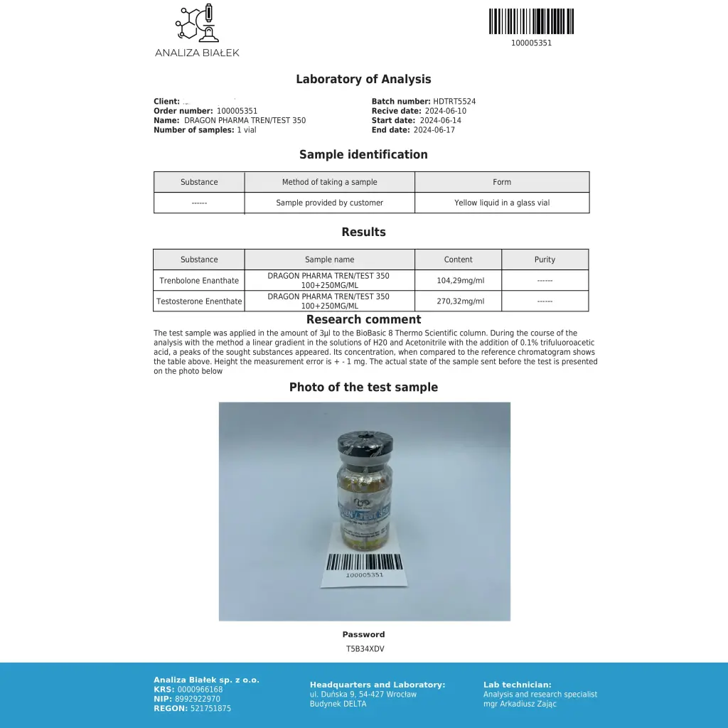Tren/Test 350 - Trenbolone Enanthate 100mg and Testosterone Enanthate 250mg - Dragon Pharma, Europe